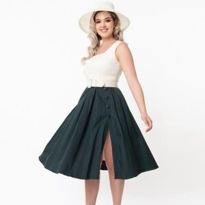 NWT Collectif Dark Green and Cream A-Line Dress